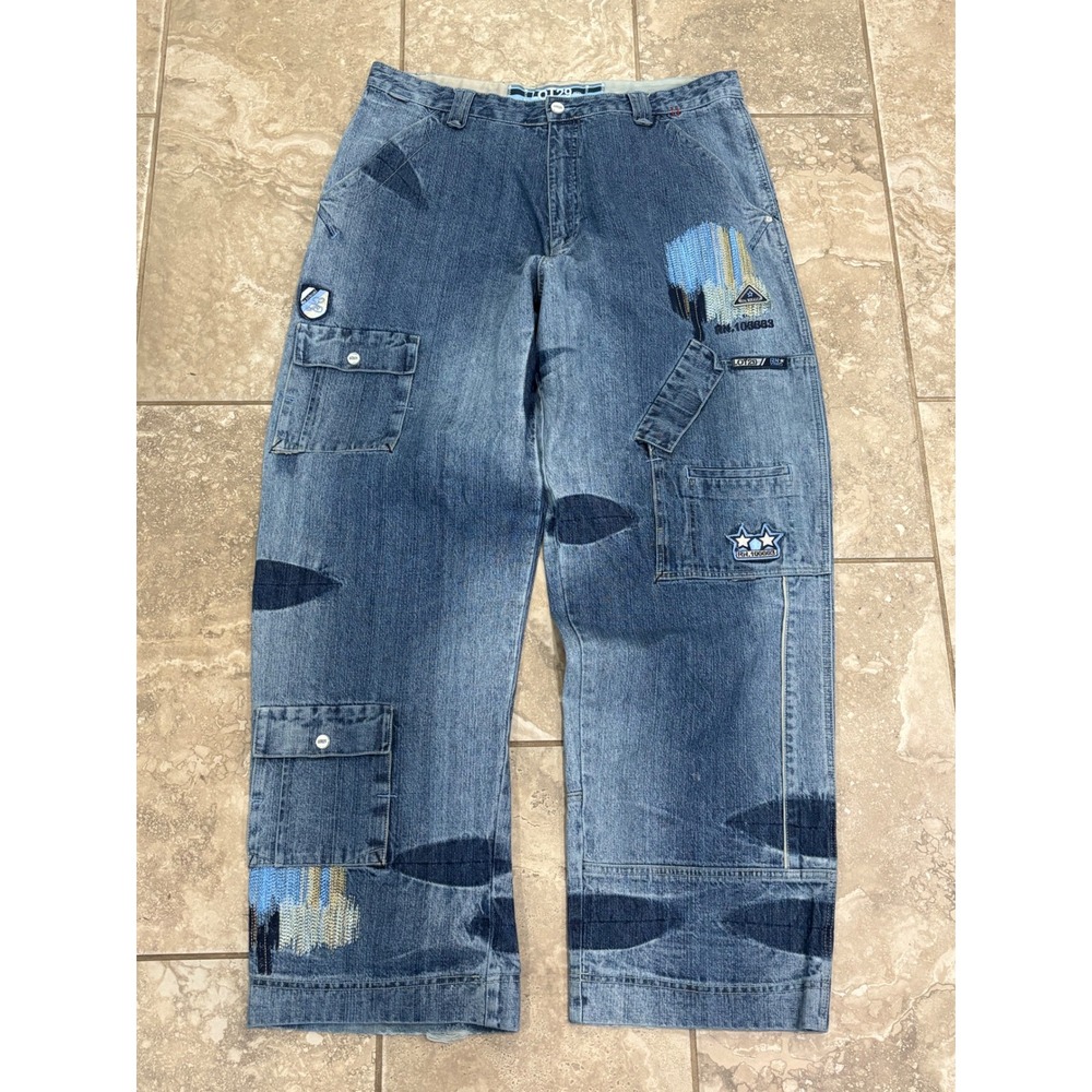 Lot29 Mens Baggy Cargo Jeans 40 Vintage Y2K Patchwork Wide‎ Leg Streetwear Blue